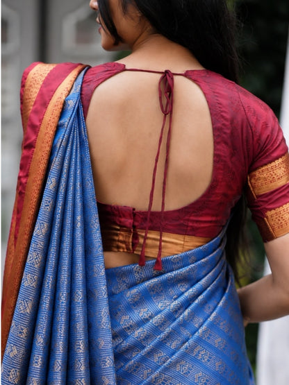 Semi Silk Saree for Women – Steel Blue with Maroon Contrast Zari Border | Rich Zari Weaving | OV02