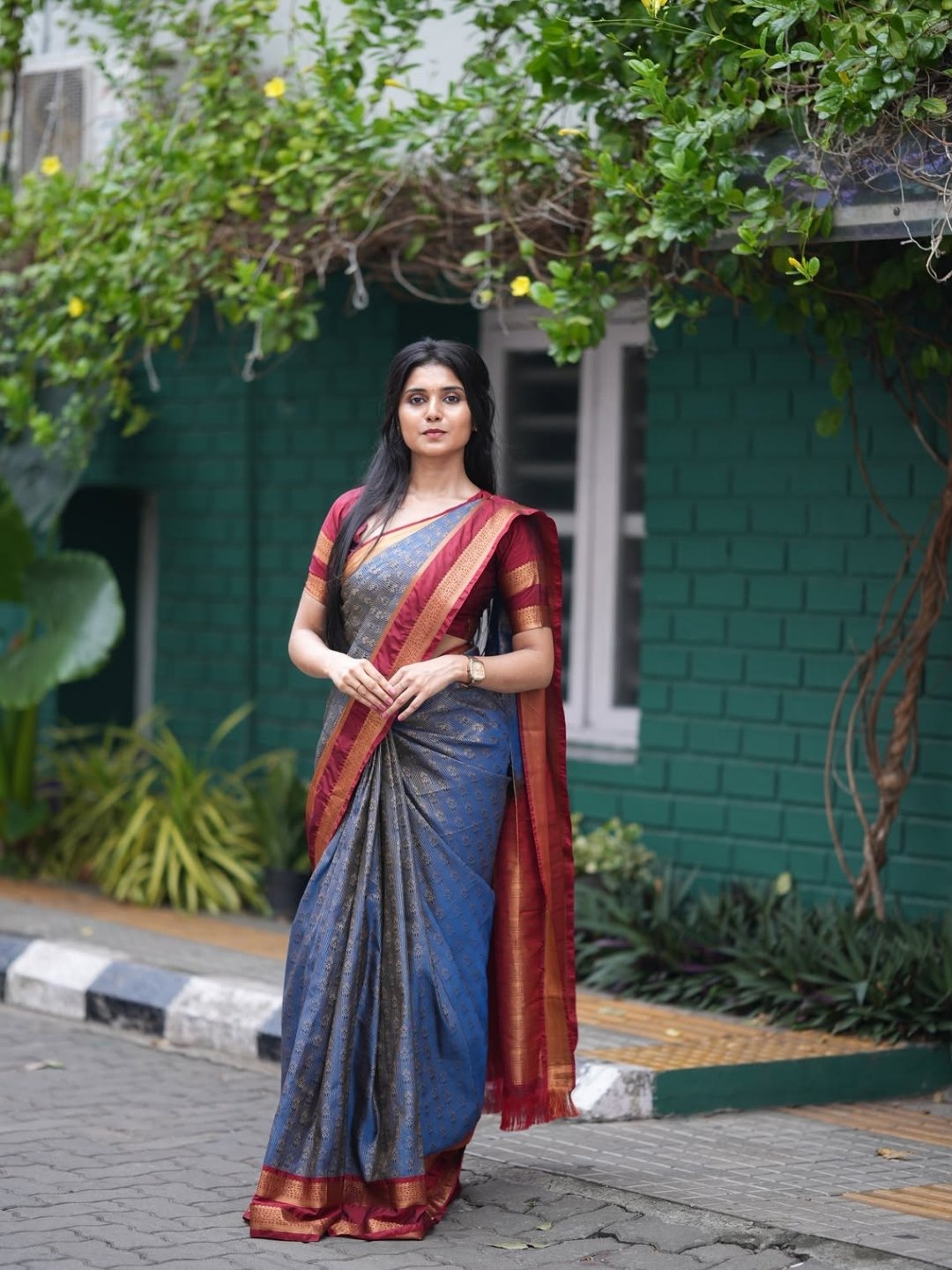 Semi Silk Saree for Women – Steel Blue with Maroon Contrast Zari Border | Rich Zari Weaving | OV02