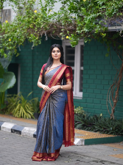 Semi Silk Saree for Women – Steel Blue with Maroon Contrast Zari Border | Rich Zari Weaving | OV02