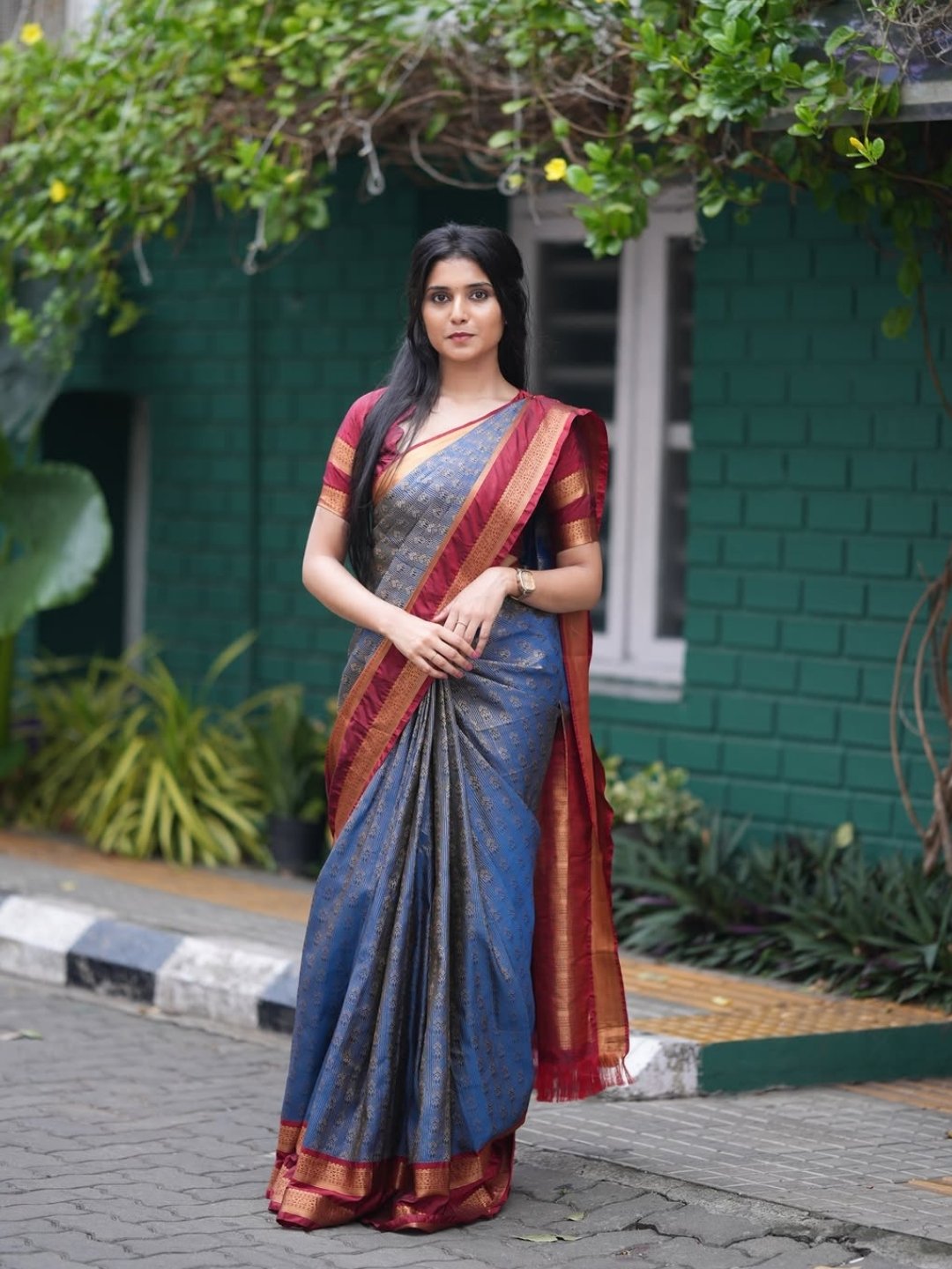 Semi Silk Saree for Women – Steel Blue with Maroon Contrast Zari Border | Rich Zari Weaving | OV02