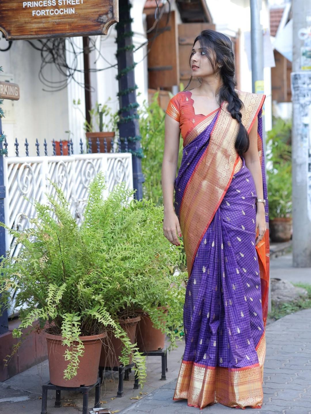 Soft Silk Saree – Royal Purple & Coral Orange with Gold Zari Checks |  OV13