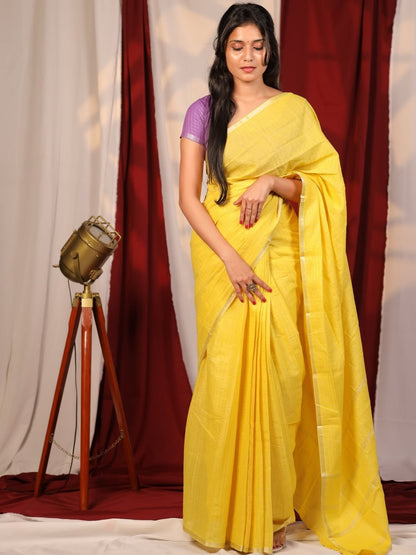 Madurai Sungudi Cotton Saree – Bright Yellow with Silver Zari Checks |  OV10