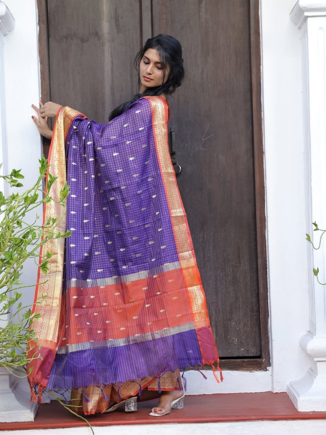 Soft Silk Saree – Royal Purple & Coral Orange with Gold Zari Checks |  OV13