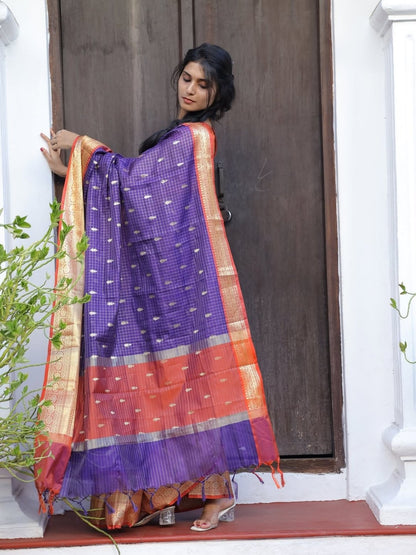 Soft Silk Saree – Royal Purple & Coral Orange with Gold Zari Checks |  OV13