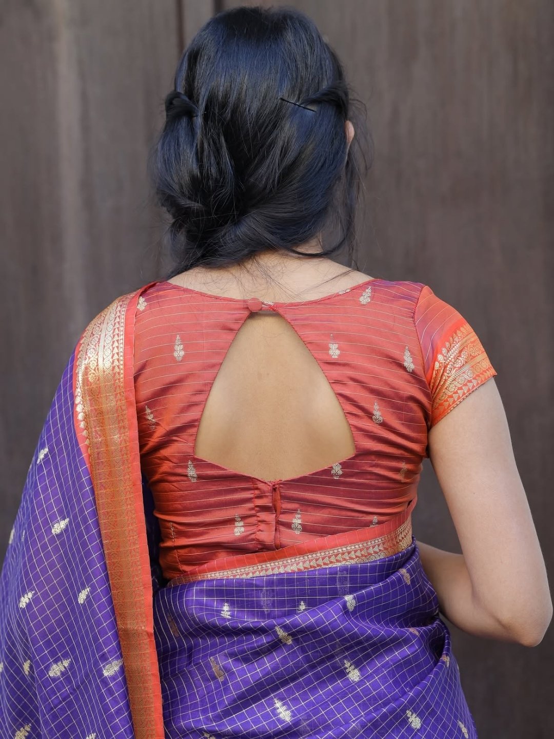 Soft Silk Saree – Royal Purple & Coral Orange with Gold Zari Checks |  OV13