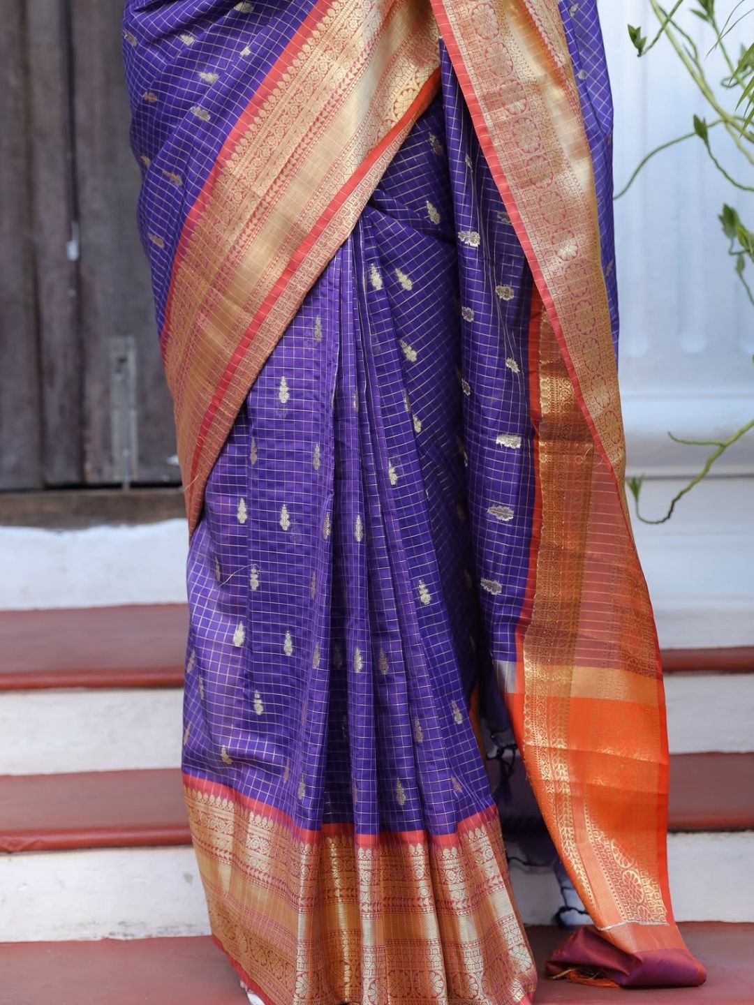 Soft Silk Saree – Royal Purple & Coral Orange with Gold Zari Checks |  OV13