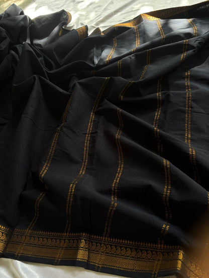 Black Madurai Sungudi Cotton Saree with Double Side Gold Zari Border & Cement Grey Blouse|OV23