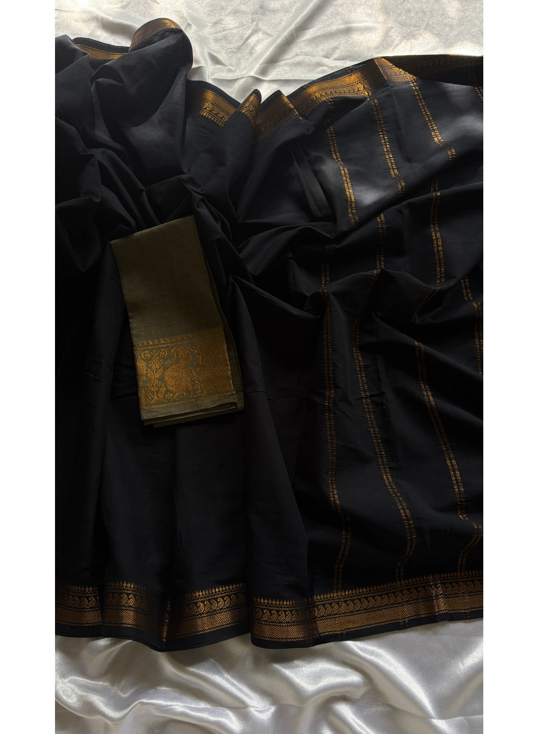 Black Madurai Sungudi Cotton Saree with Double Side Gold Zari Border & Cement Grey Blouse|OV23