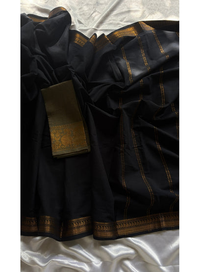 Black Madurai Sungudi Cotton Saree with Double Side Gold Zari Border & Cement Grey Blouse|OV23