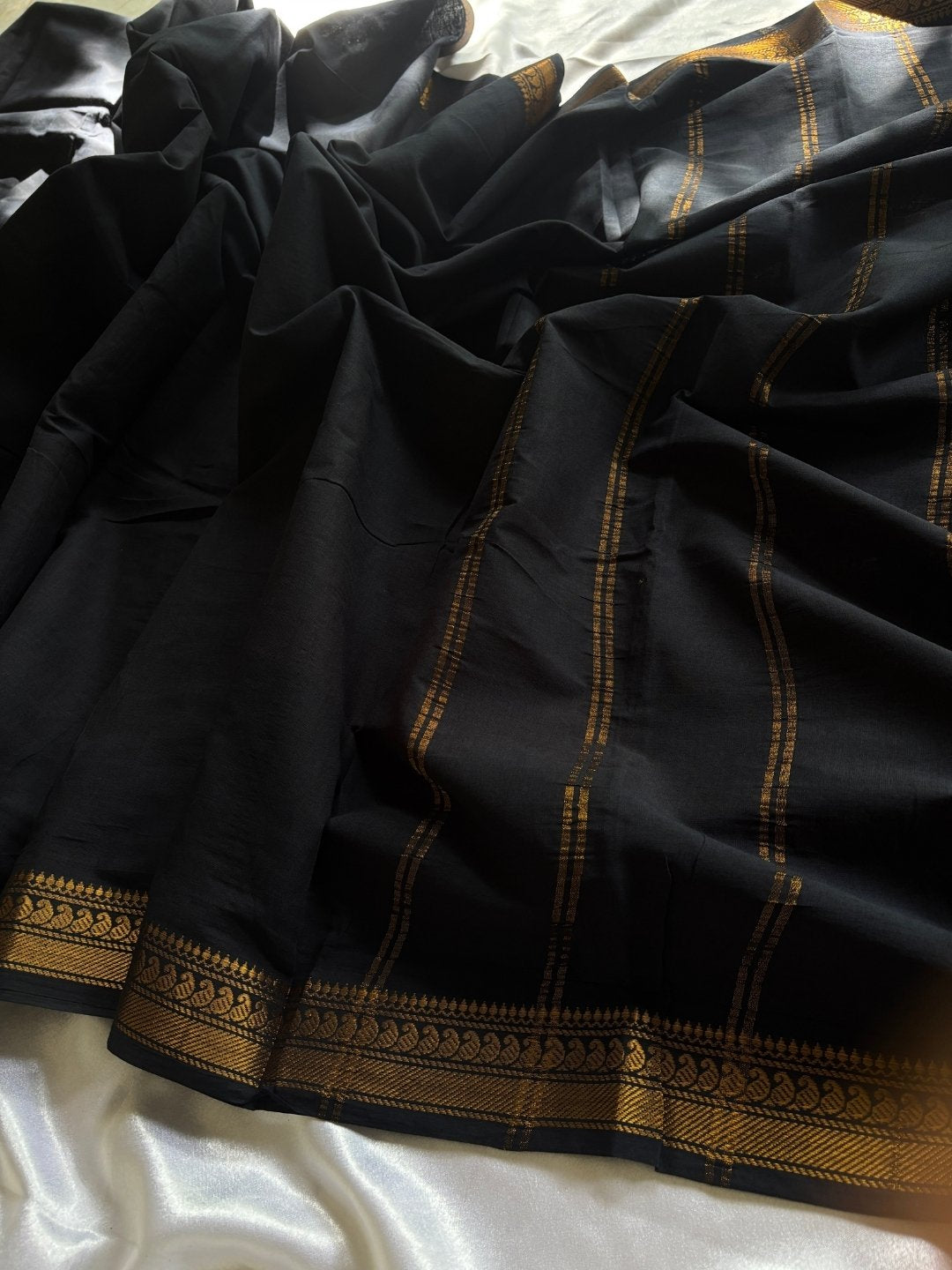Black Madurai Sungudi Cotton Saree with Double Side Gold Zari Border & Cement Grey Blouse|OV23