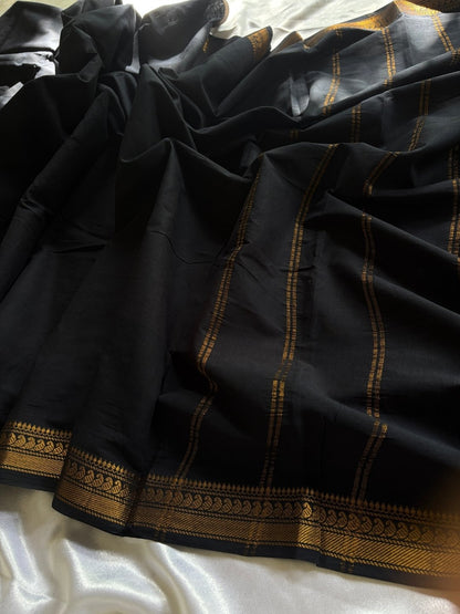 Black Madurai Sungudi Cotton Saree with Double Side Gold Zari Border & Cement Grey Blouse|OV23