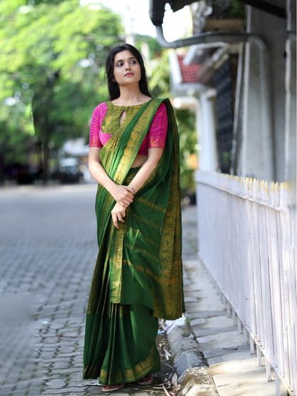 Leaf Green Madurai Sungudi Cotton Saree with Double Side Gold Zari Border & Rani Pink Blouse |OV24