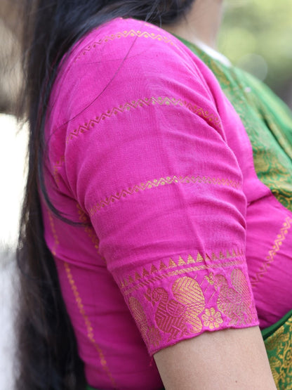 Leaf Green Madurai Sungudi Cotton Saree with Double Side Gold Zari Border & Rani Pink Blouse |OV24