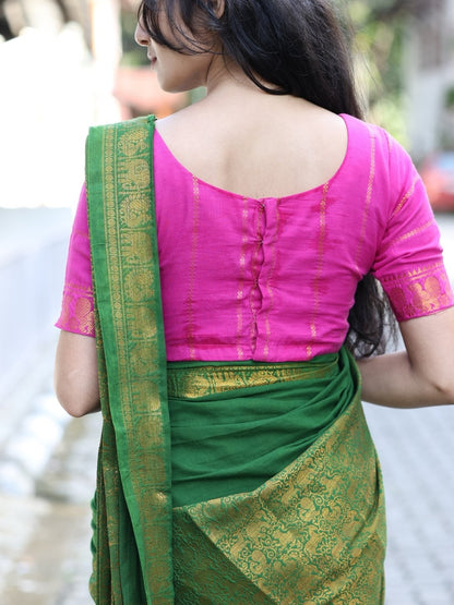 Leaf Green Madurai Sungudi Cotton Saree with Double Side Gold Zari Border & Rani Pink Blouse |OV24