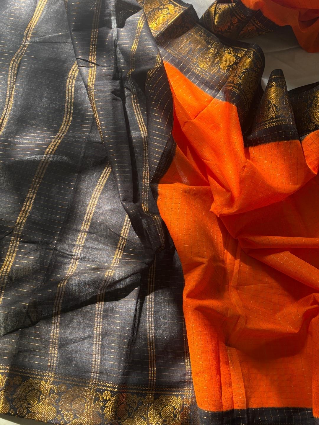 OV22 Madurai Sungudi Cotton Saree – Orange & Black Double Side Gold Zari Border