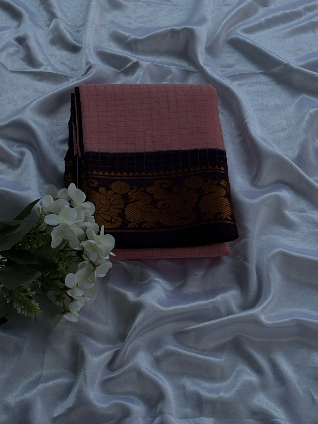 Anvika | Madurai Sungudi Cotton Saree | Blush Pink & Deep Plum | Double Side Gold Zari Border | OV30