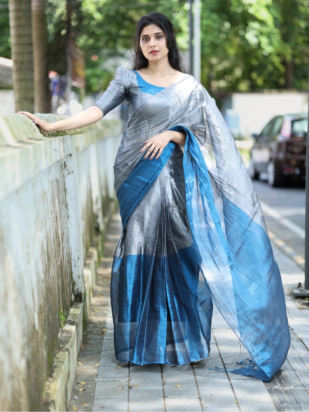 Premium Silver & Royal Blue Tissue Cotton Saree with Running Blouse | Lightweight Party Wear | OV26