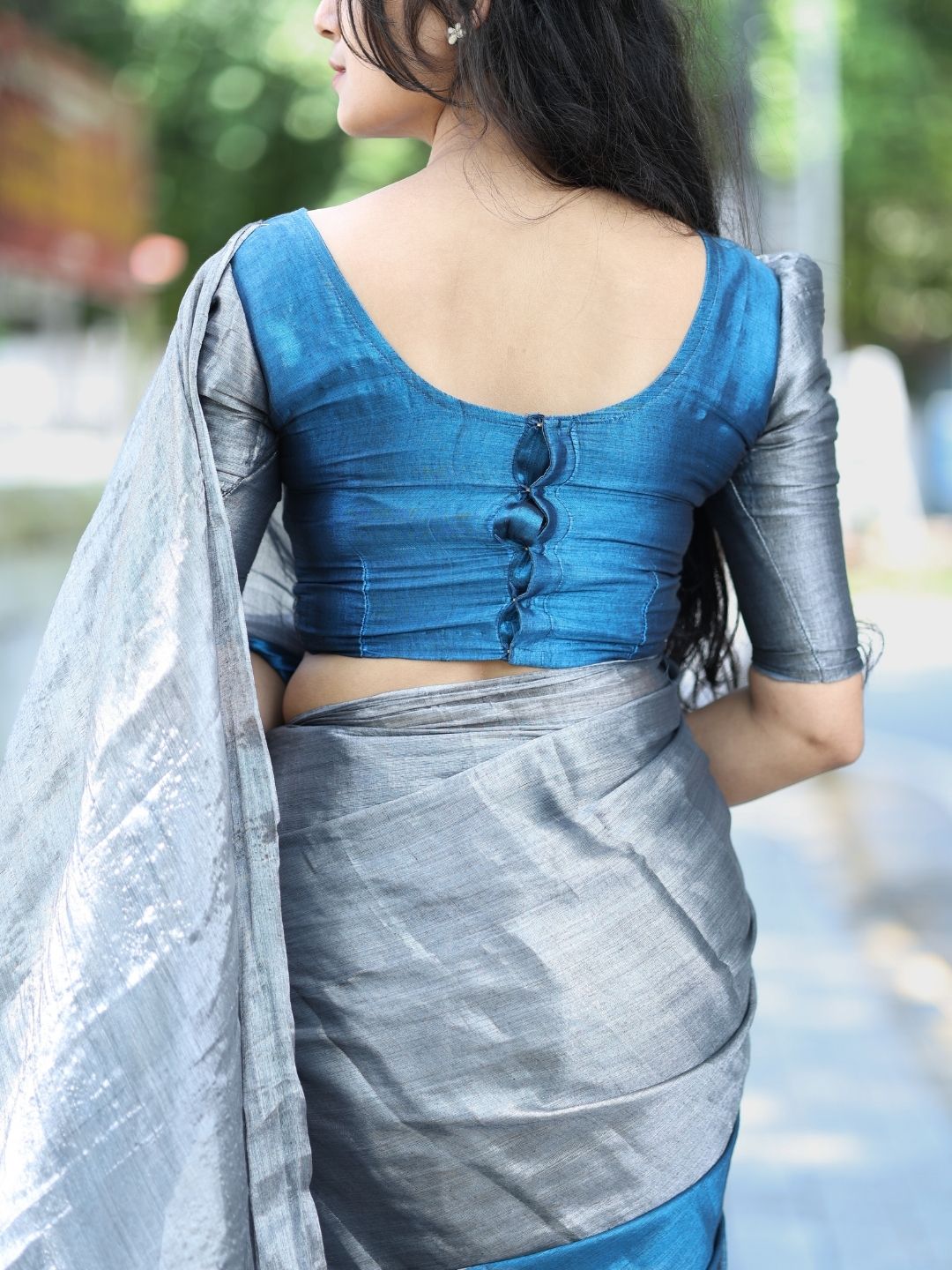 Premium Silver & Royal Blue Tissue Cotton Saree with Running Blouse | Lightweight Party Wear | OV26