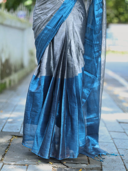Premium Silver & Royal Blue Tissue Cotton Saree with Running Blouse | Lightweight Party Wear | OV26