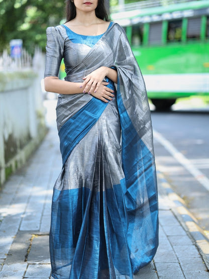 Premium Silver & Royal Blue Tissue Cotton Saree with Running Blouse | Lightweight Party Wear | OV26