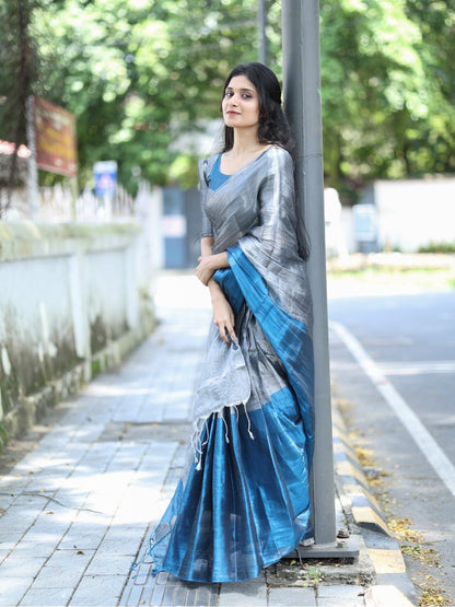 Premium Silver & Royal Blue Tissue Cotton Saree with Running Blouse | Lightweight Party Wear | OV26