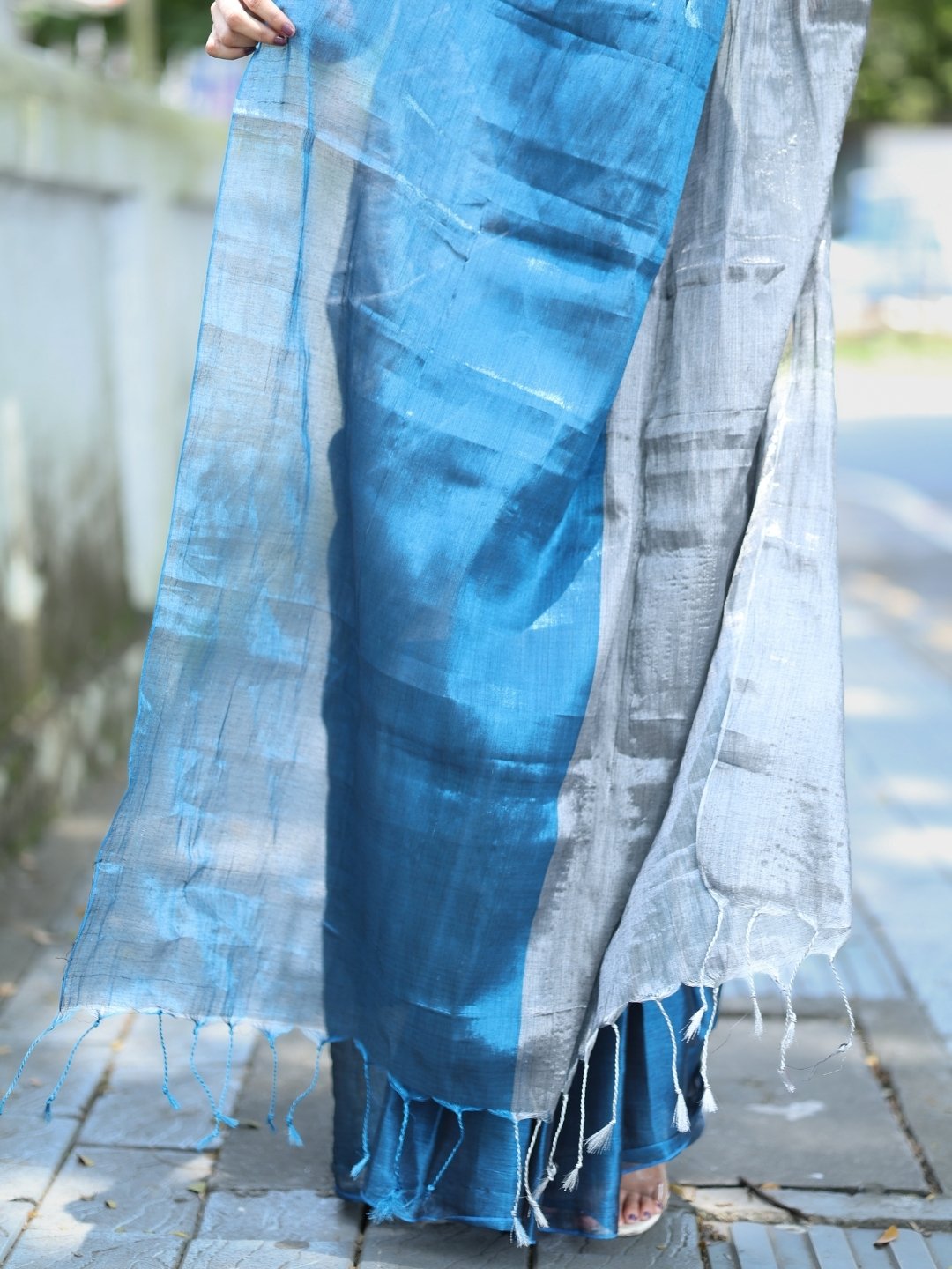 Premium Silver & Royal Blue Tissue Cotton Saree with Running Blouse | Lightweight Party Wear | OV26