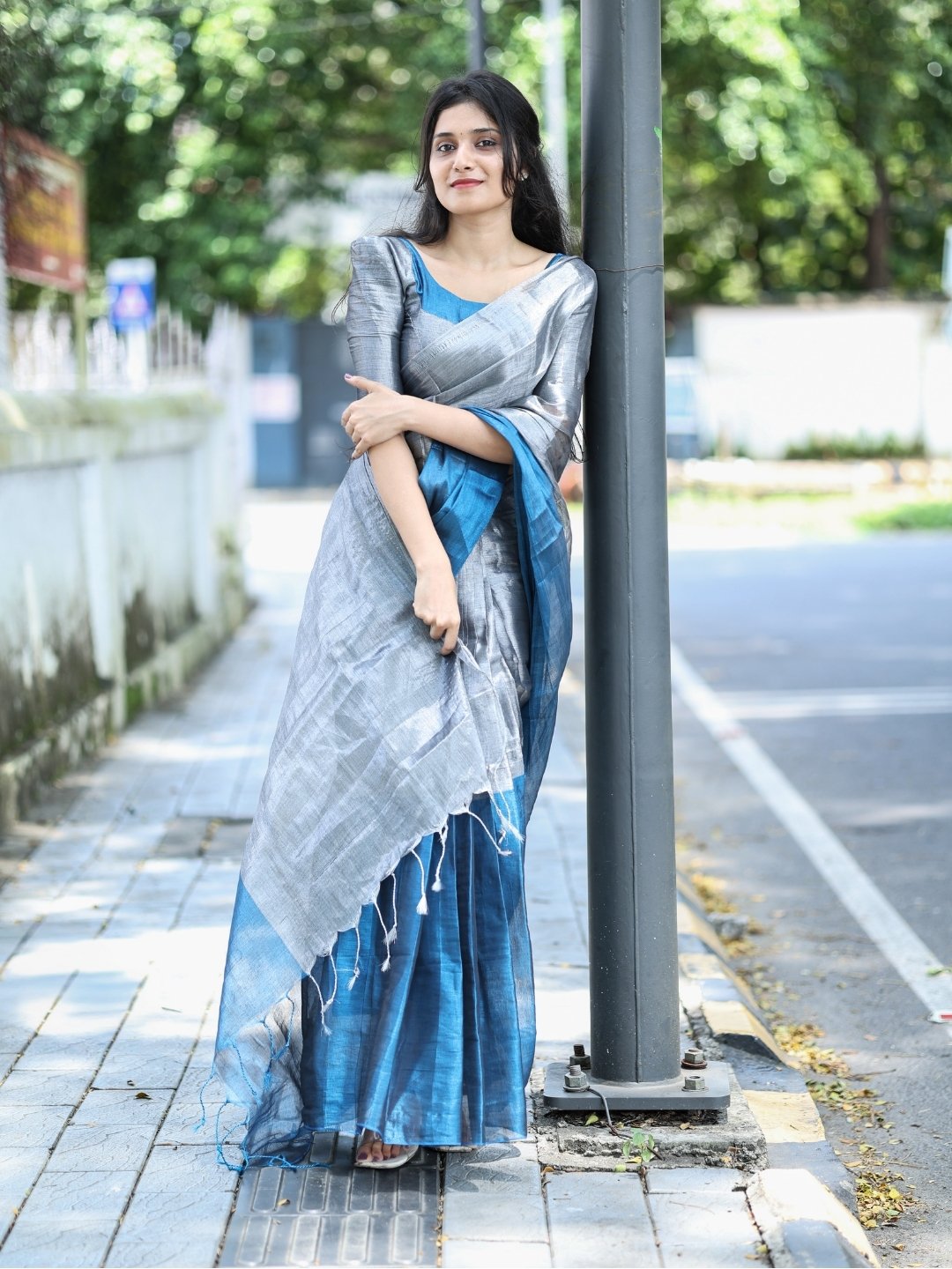 Premium Silver & Royal Blue Tissue Cotton Saree with Running Blouse | Lightweight Party Wear | OV26