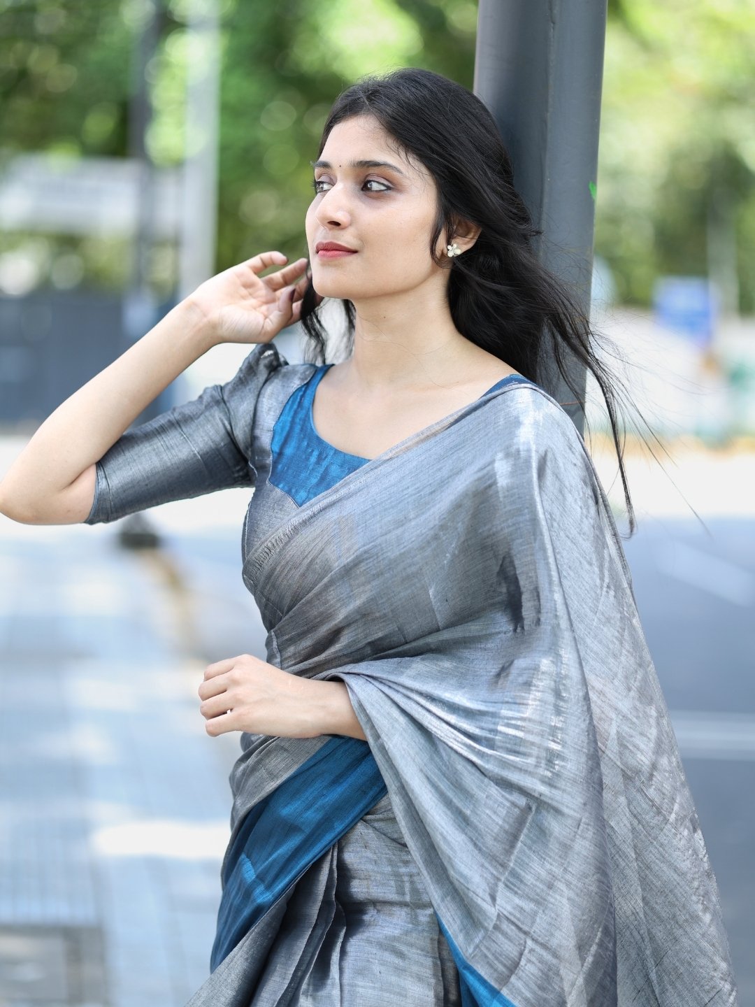 Premium Silver & Royal Blue Tissue Cotton Saree with Running Blouse | Lightweight Party Wear | OV26