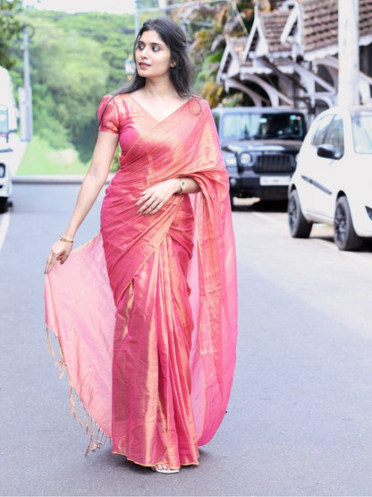 Premium Tissue Cotton Saree | Dual Tone Rani Pink with Copper Gold Sheen – OV29