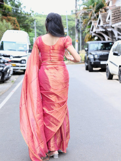 Premium Tissue Cotton Saree | Dual Tone Rani Pink with Copper Gold Sheen – OV29