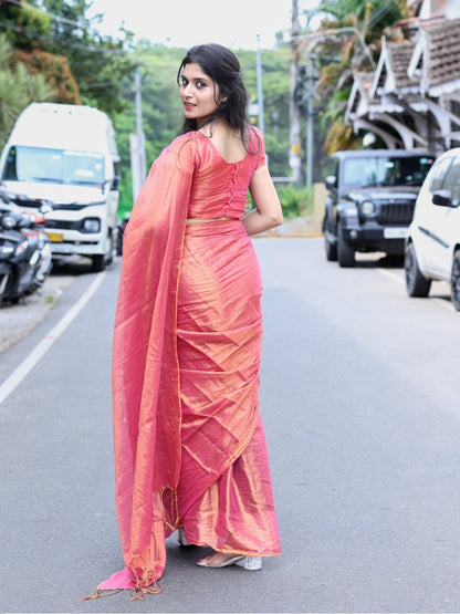 Premium Tissue Cotton Saree | Dual Tone Rani Pink with Copper Gold Sheen – OV29