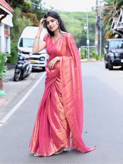 Premium Tissue Cotton Saree | Dual Tone Rani Pink with Copper Gold Sheen – OV29