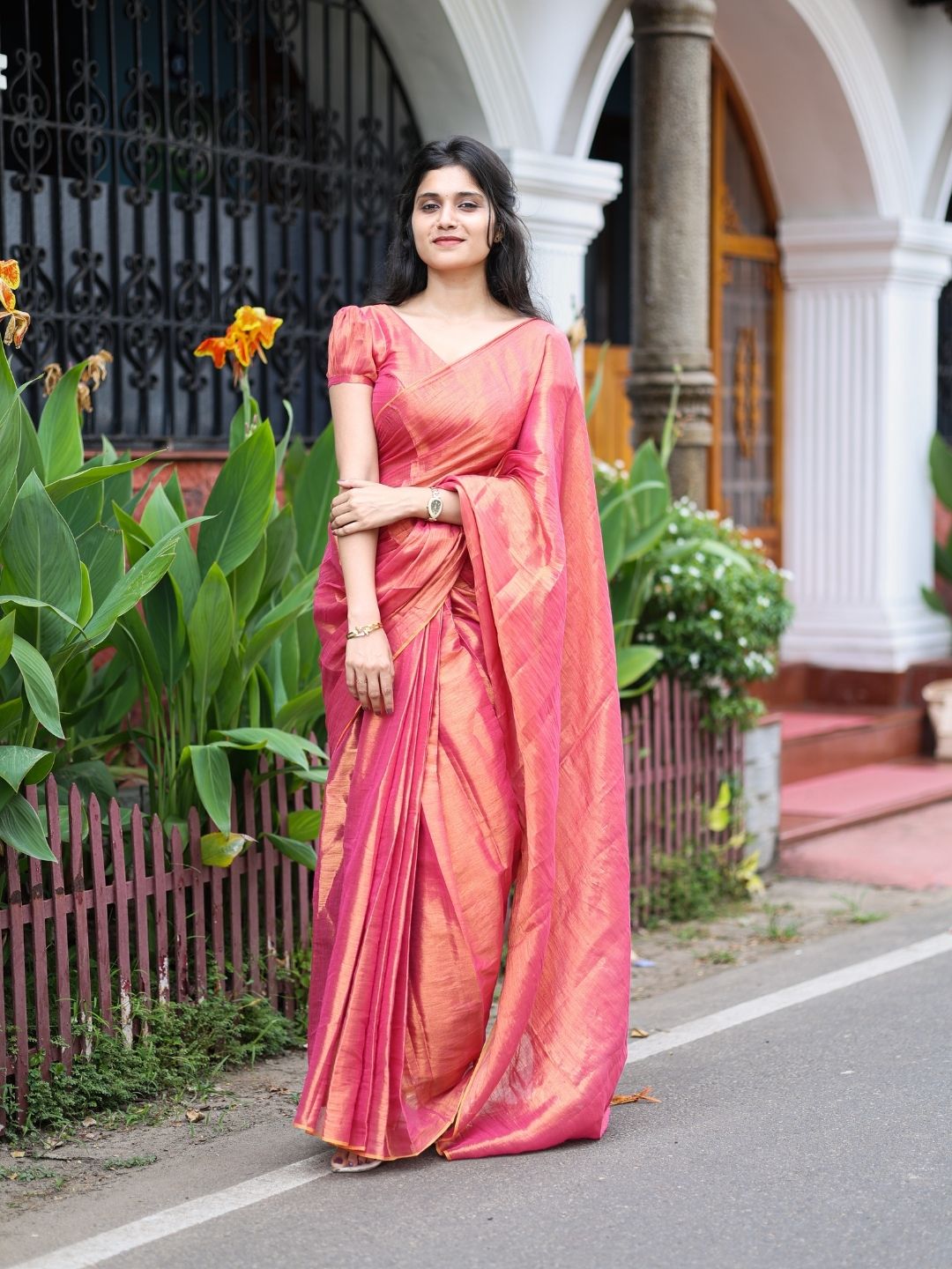 Premium Tissue Cotton Saree | Dual Tone Rani Pink with Copper Gold Sheen – OV29