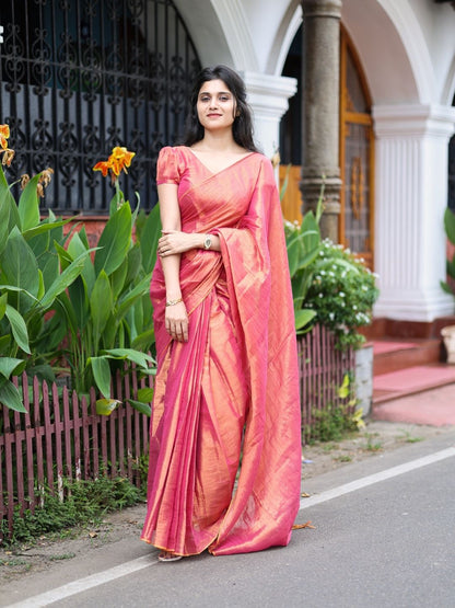 Premium Tissue Cotton Saree | Dual Tone Rani Pink with Copper Gold Sheen – OV29