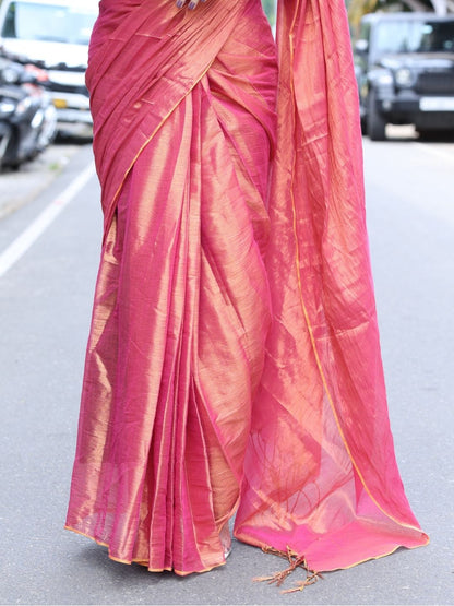 Premium Tissue Cotton Saree | Dual Tone Rani Pink with Copper Gold Sheen – OV29