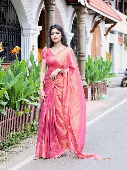 Premium Tissue Cotton Saree | Dual Tone Rani Pink with Copper Gold Sheen – OV29